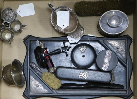 An ebonised silver-mounted six-piece dressing table set, a Chinese octagonal silver mustard and sundry items,